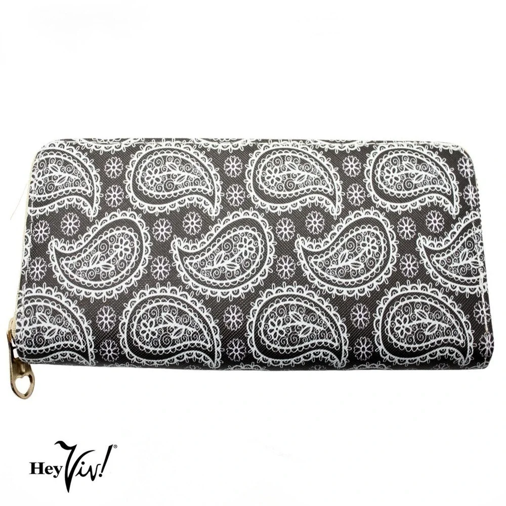 Black White Paisley Print Zip Wallet Clutch Easy to Hold & Carry 8 x4